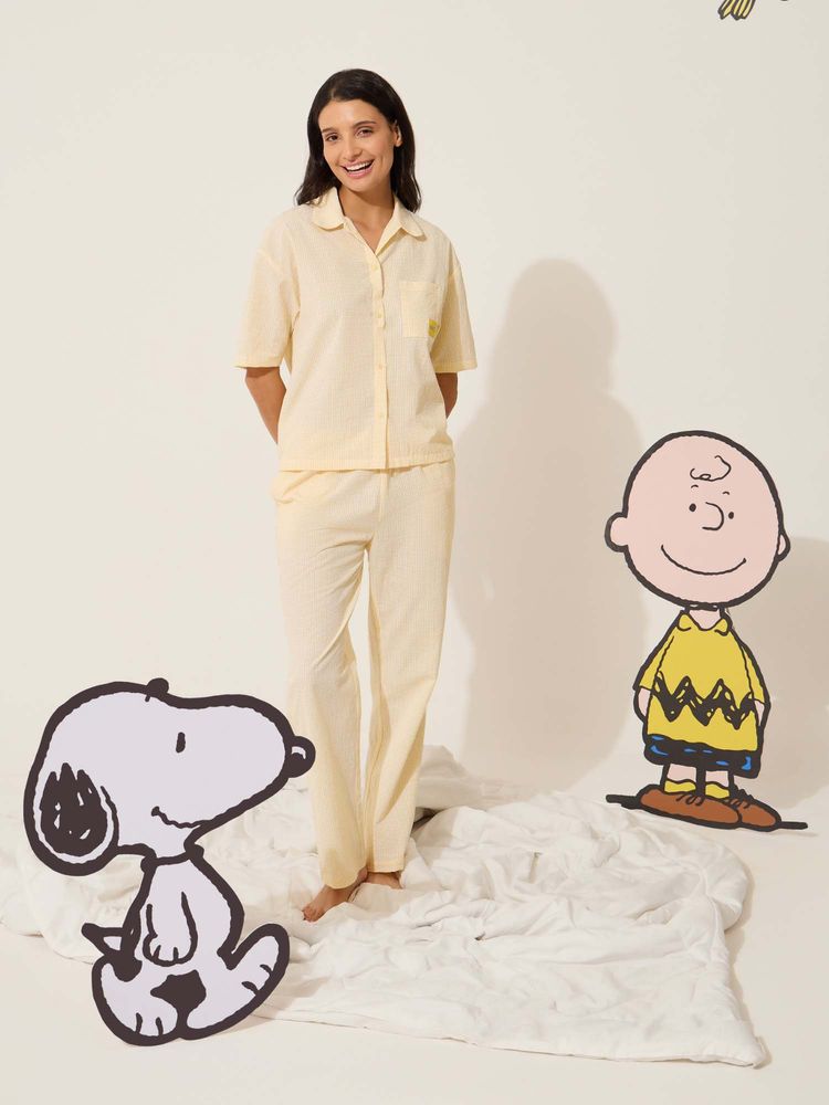 Sweet Dreams Womens Cute Snoopy Gingham Front Open Shirt with Pyjama-picture-21