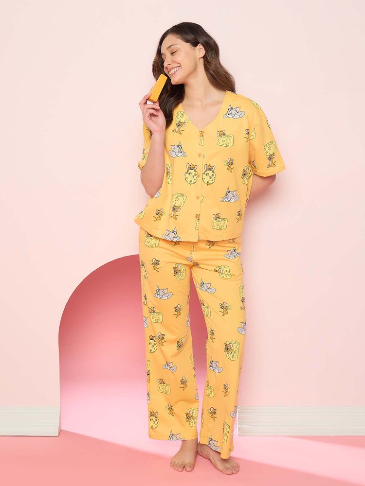 Sweet Dreams Womens Playful Tom and Jerry Front Open Shirt with Pyjama-picture-23
