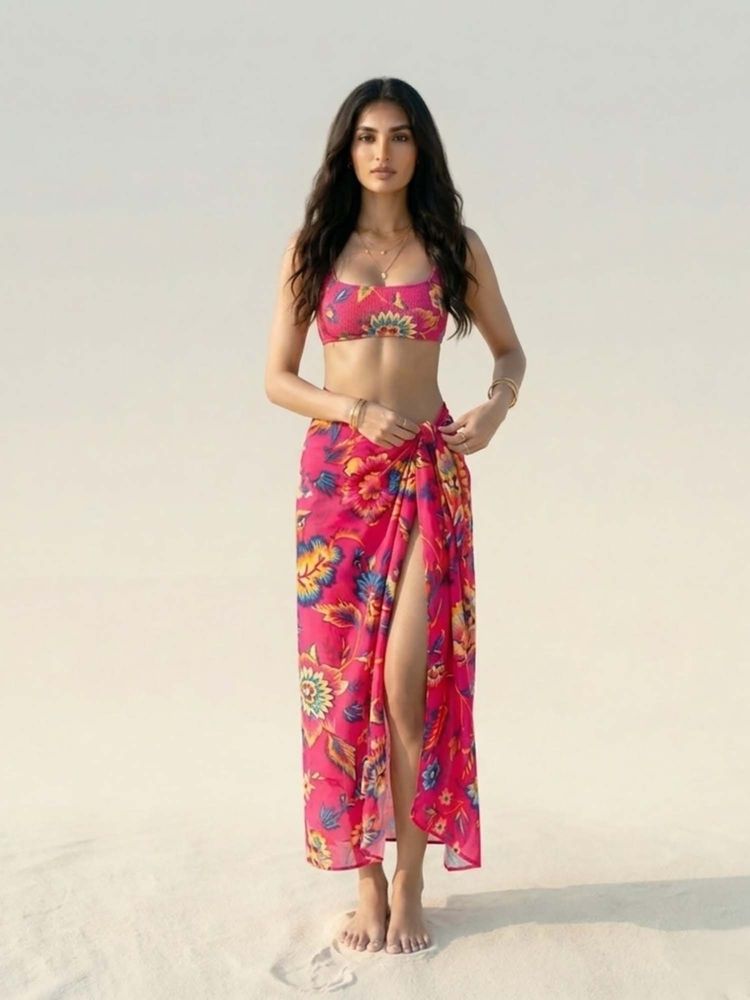 WomanLikeU Pink Floral Print Beach Sarong-picture-23