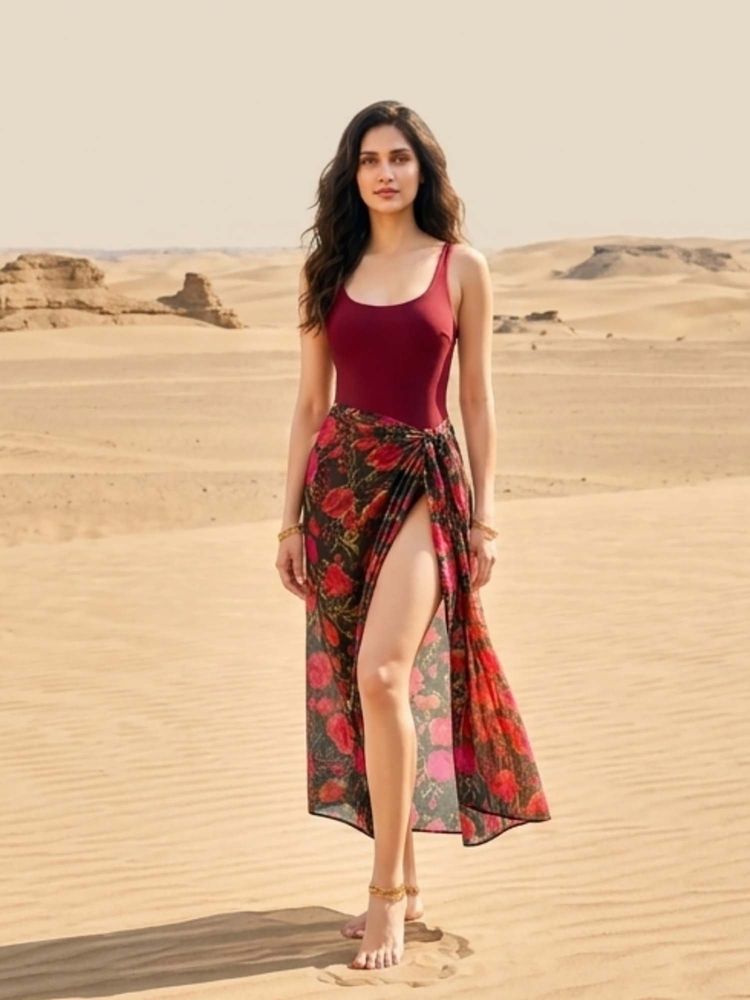 WomanLikeU Black and Red Floral Print Beach Sarong-picture-20