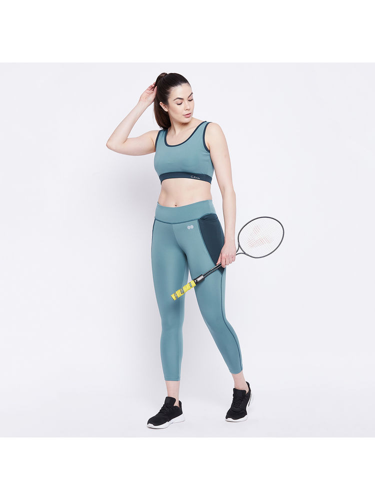 Clovia Snug Fit Active Mid-Rise Ankle-Length Tights & Padded Non Wired Sports Bra - Blue