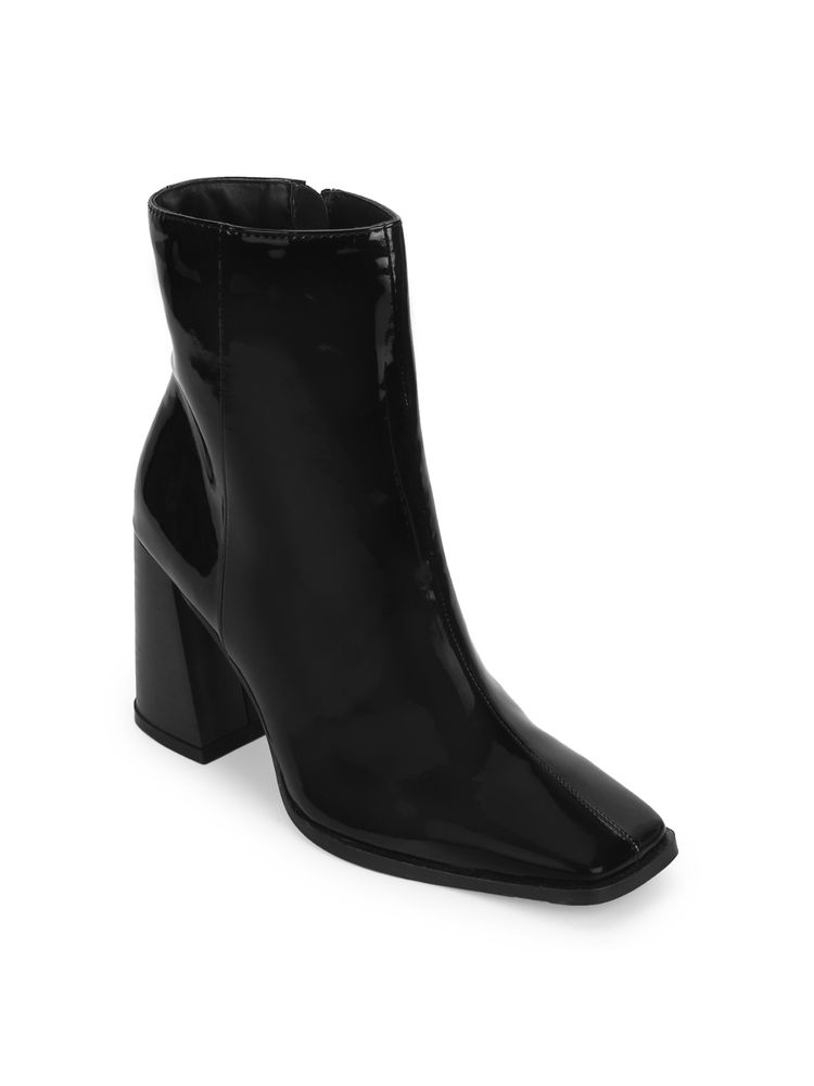 Truffle Collection Black Patent Zip Up Square Toe Ankle Boots