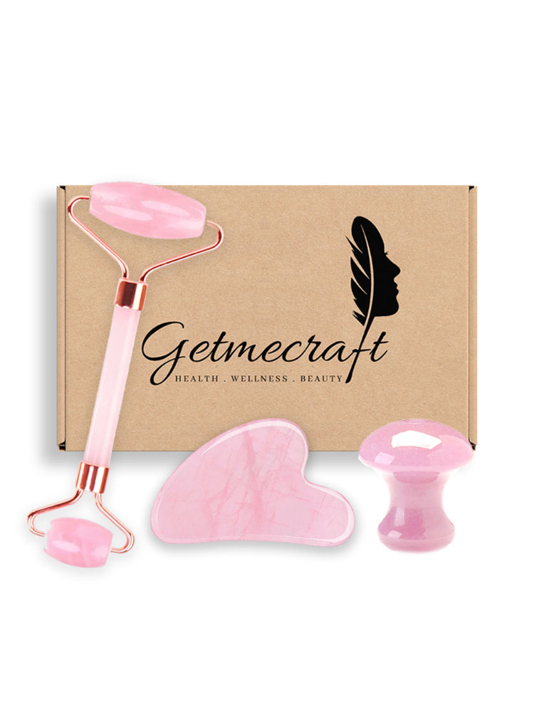 Getmecraft Rose Quartz Face Roller And Gua Sha Set With Rose Quartz Mushroom Gua Sha