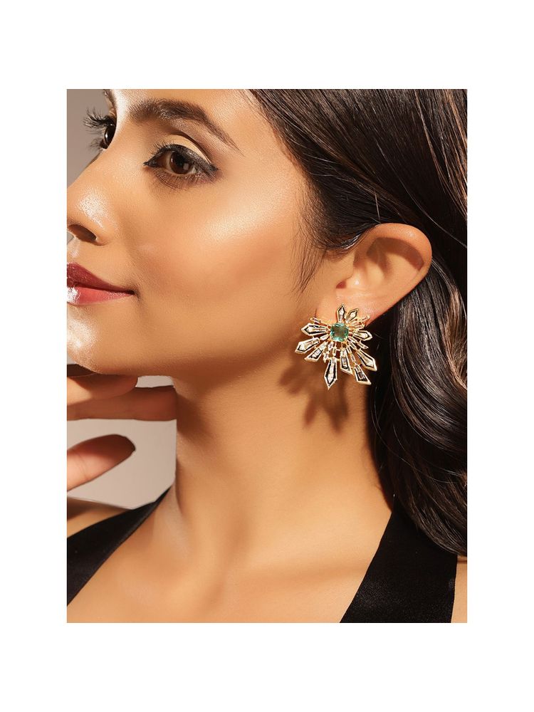 Priyaasi Mint Green Stones American Diamond Gold Plated Stud Earrings-image-15