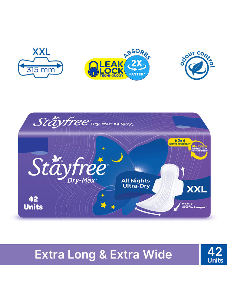 Stayfree DryMax All Nights Ultra Sanitary Pads with Dry Cover - XXL for Heavy Flow - Pack of 42