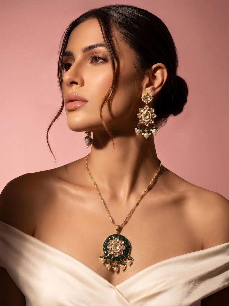 ADIVA Gold-Plated Green Polki Kundan Pearl Drop Jewellery Set-picture-26