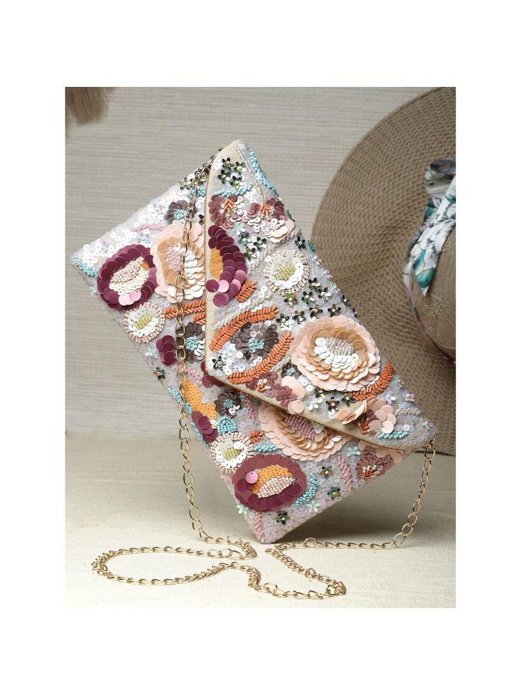 Anekaant Ghoomar Cream & Pastel Multi Floral Embellished Suede Sling Bag-picture-22