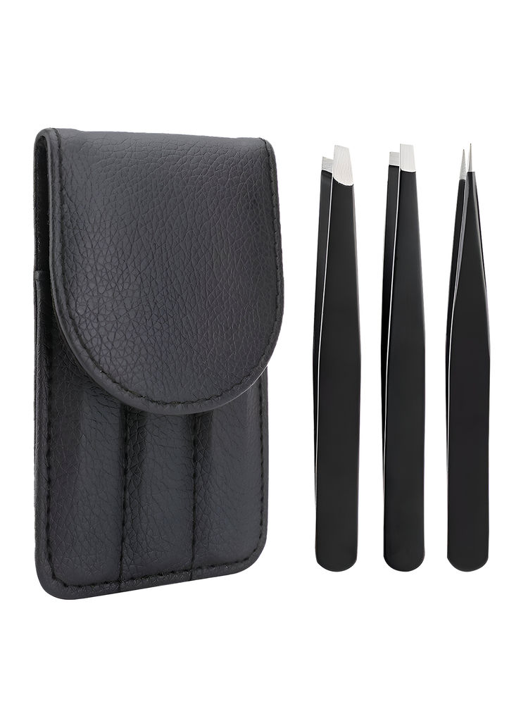 Matra Tweezer Set Of 3 Slant Square Flat Tip Pluckers With Pouch For Brows, Facial Hair Removal