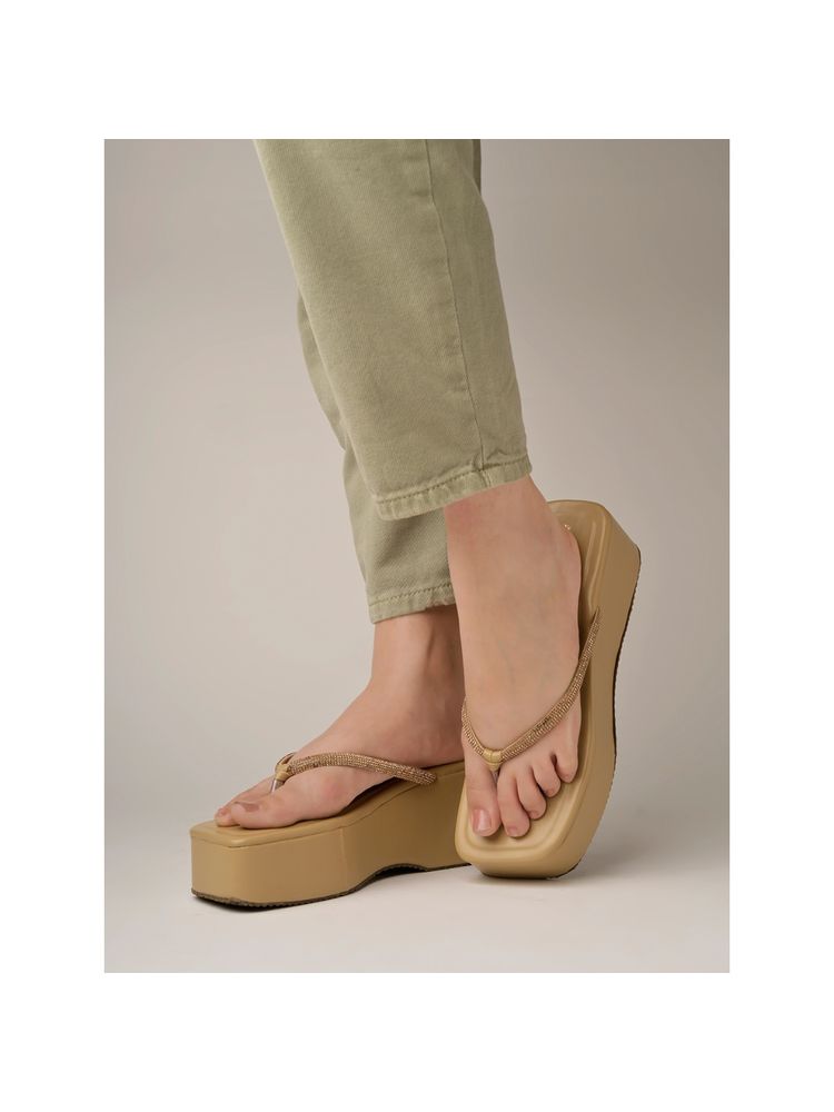 Shoetopia Embellished Rhinestones Strap Cream Platform Heels For Women