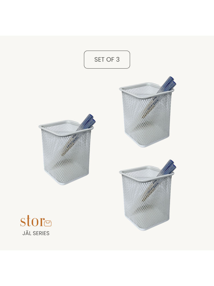STOR Ecru White Square Mesh Desk Organisers (Pack of 3)-picture-29