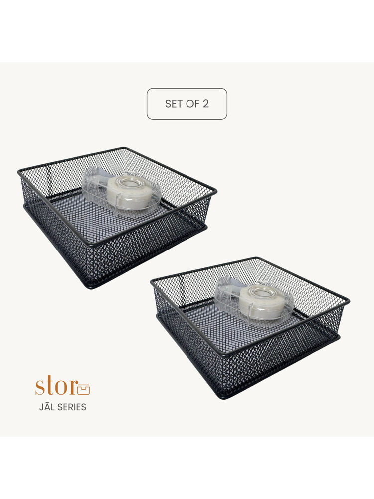 STOR Ash Black Square Mesh Paper Tray Durable Metal Desk Organisers (Pack of 2)-image-10