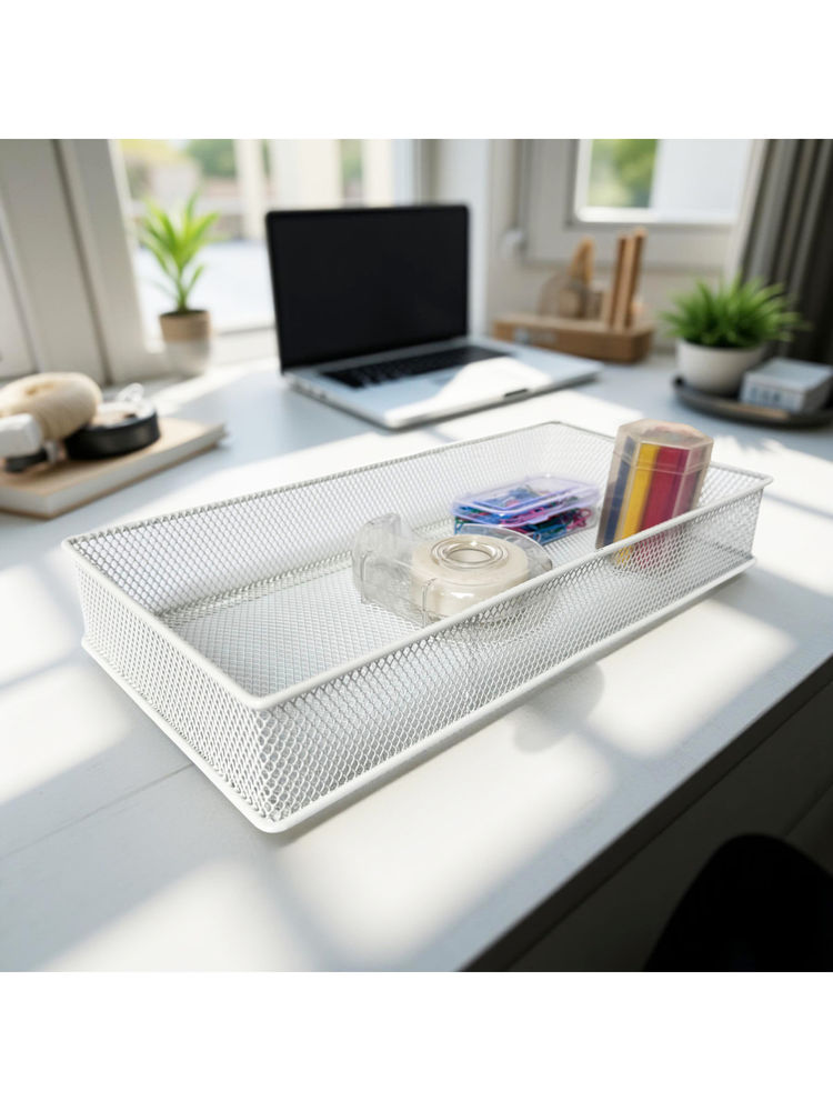 STOR Ecru White Rectangular Mesh Paper Tray Sturdy Metal Desk Organiser-image-12