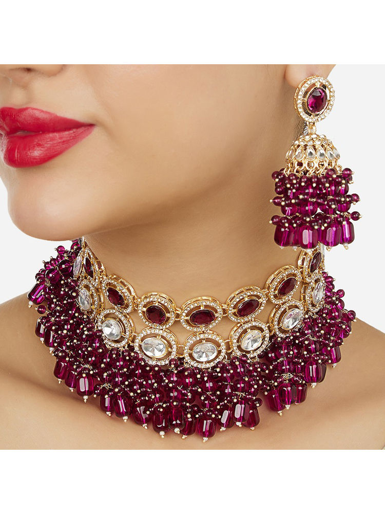 Zaveri Pearls Purple Stones Diamonds Clustered Beads Necklace and Earrings-picture-17