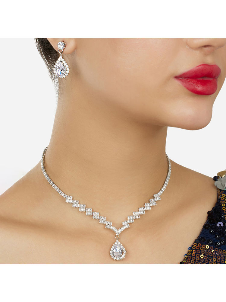 Zaveri Pearls Silver Tone Diamonds Contemporary Necklace and Earrings-picture-10