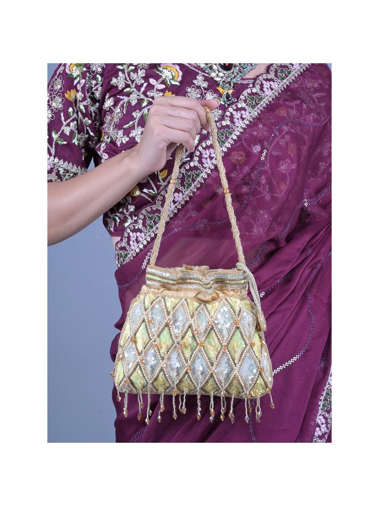Odette Yellow and White Sequins Embellished Tassels Potli Bag for Women-image-5