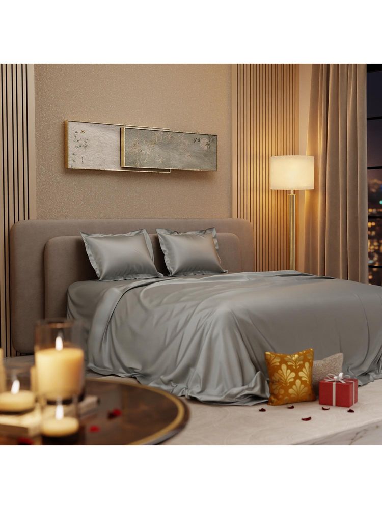 Stoa Paris Grey Queen Satin Bedsheet with 2 Pillow Covers-picture-19
