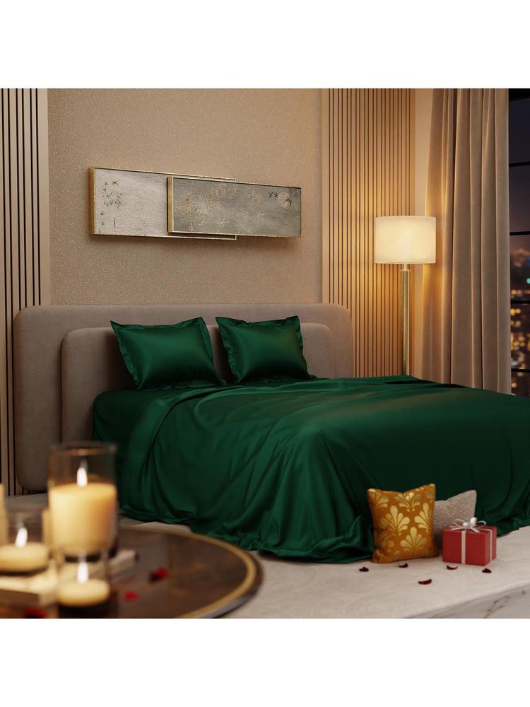 Stoa Paris Green King Satin Bedsheet with 2 Pillow Covers-picture-11