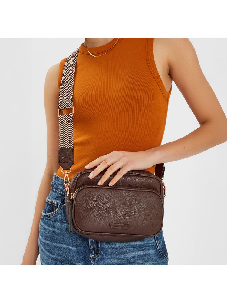 Accessorize London Women Chocolate Brown Dina Double Zip Sling Bag