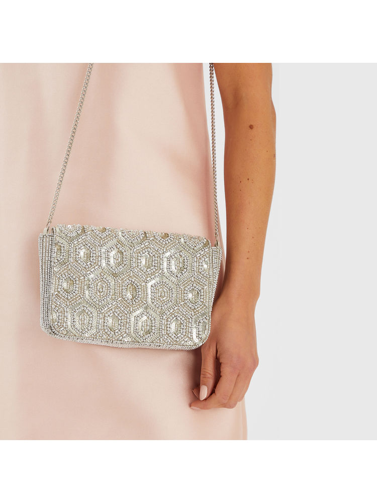 Accessorize London Women Silver Embellished Fold Over Clutch with Detachable Strap-picture-29