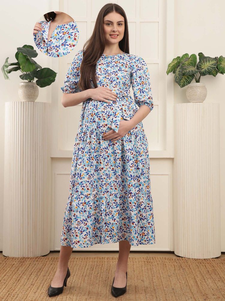Moms Maternity Premium Cotton Floral Midi Maternity Dress-image-19