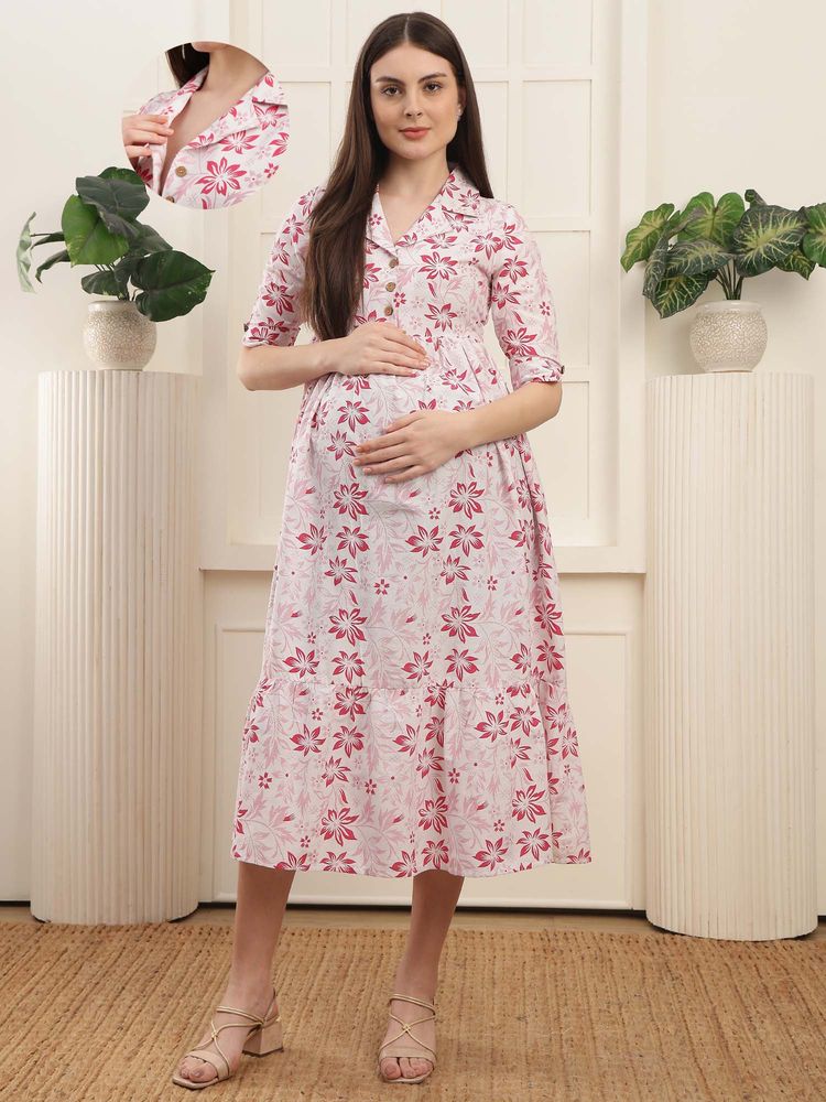Moms Maternity Cotton Floral Printed Shirt Half Sleeves Feeding Maternity Dress-image-6