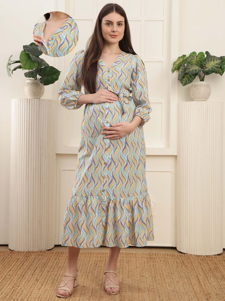 Moms Maternity Cotton Wave Printed Feeding Maternity Midi Dress-picture-7