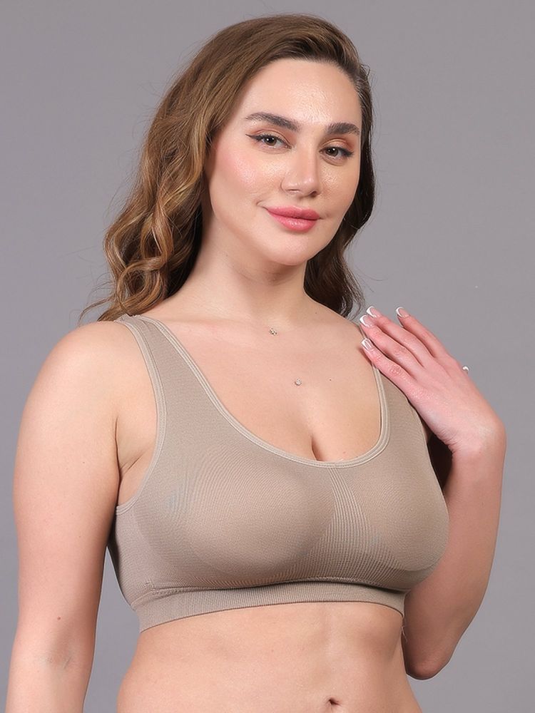BRACHY Women Full Coverage Non Wired Lightly Padded Sports Workout Bra Taupe