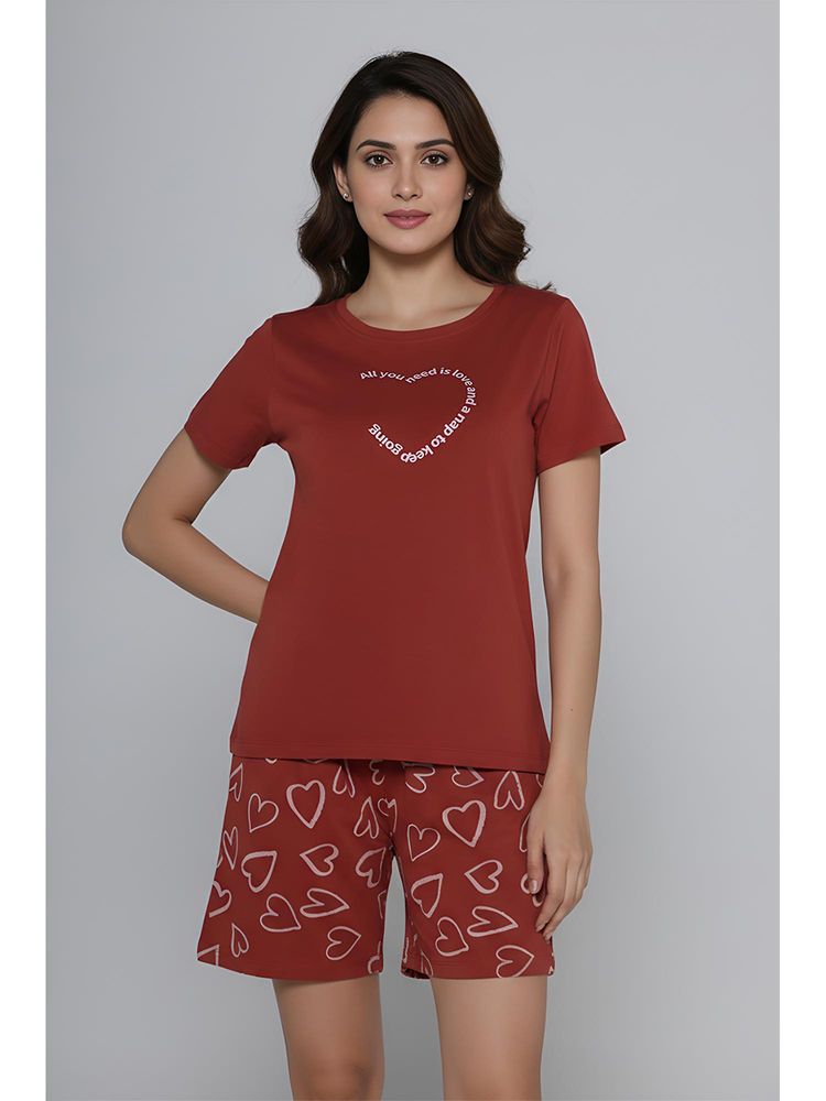 Zivame Knit Cotton T-Shirt And Shorts - Burnt Brick-picture-37