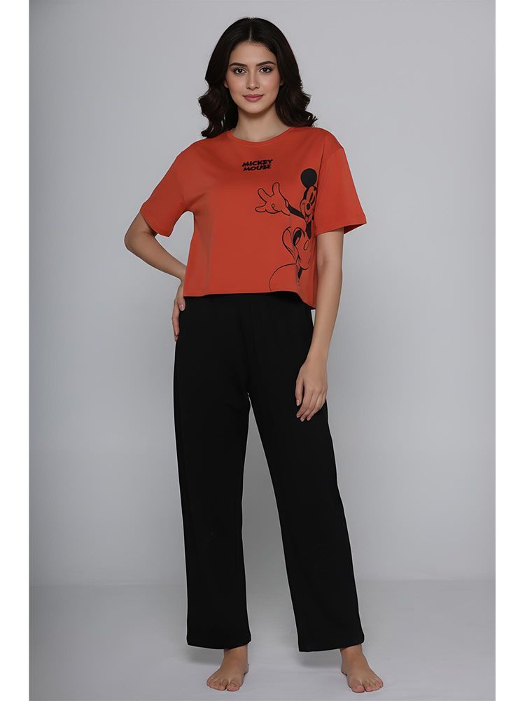Zivame Mickey Knit Cotton Nightsuit - Orange Black-image-0
