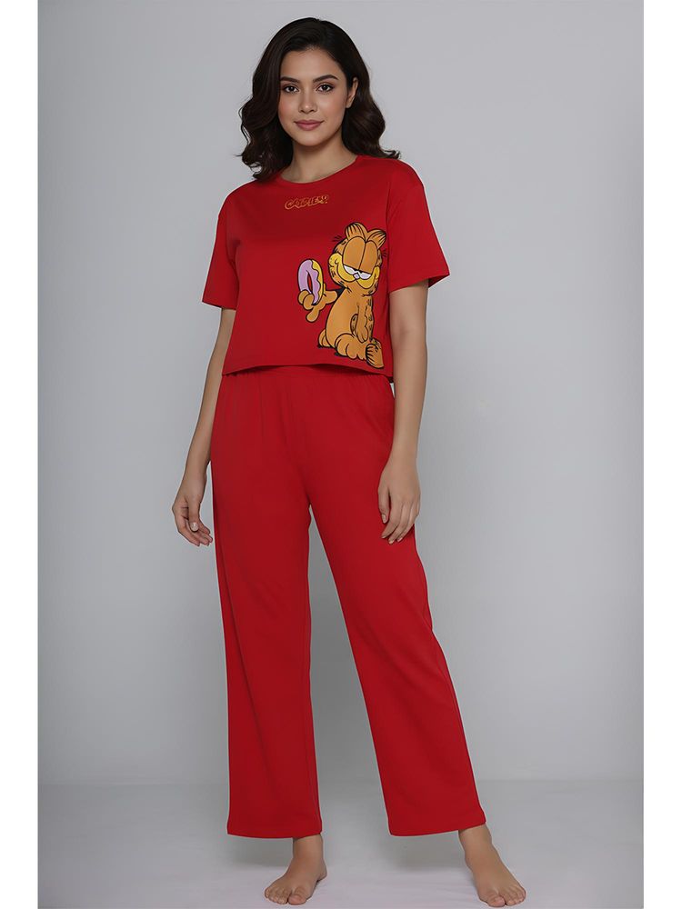Zivame Garfield Knit Cotton Nightsuit - Mars Red-picture-19