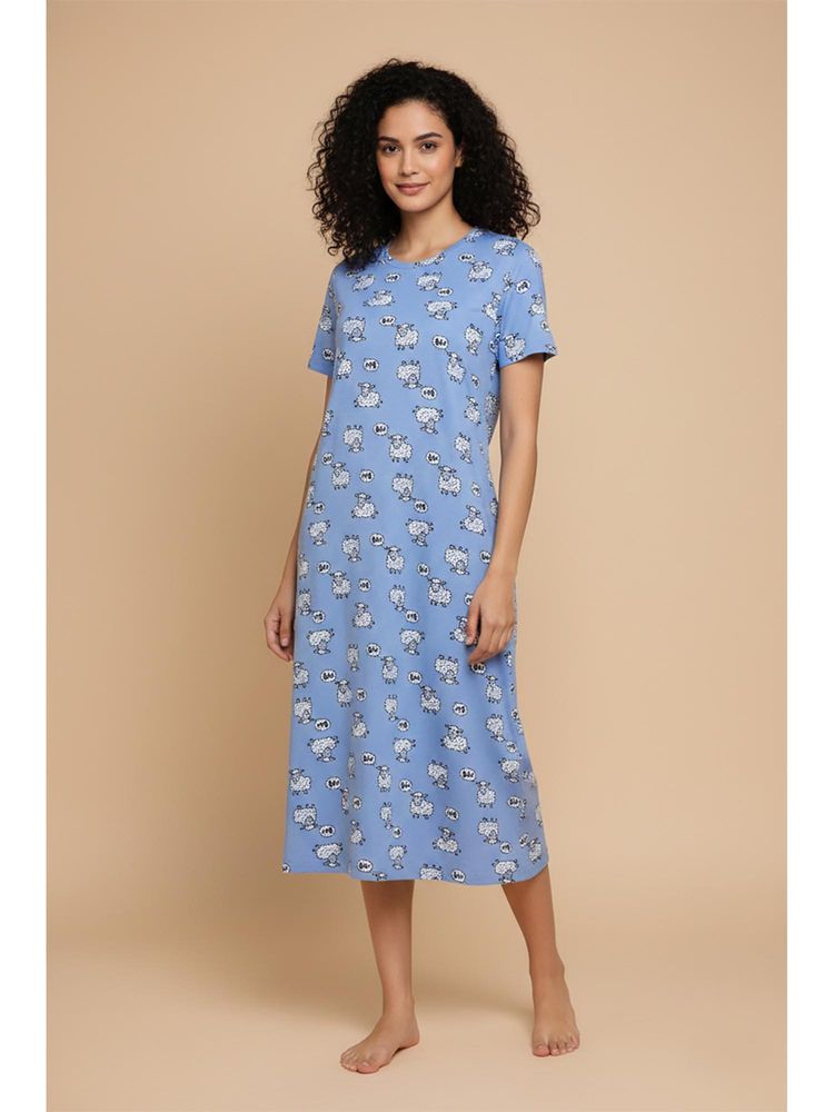 Zivame Knit Cotton Mid Length Nightdress - Chambray Blue-picture-29