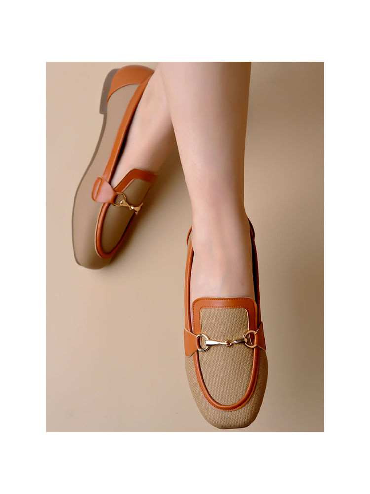 Shoetopia Buckle Detailed Tan Loafers for Women