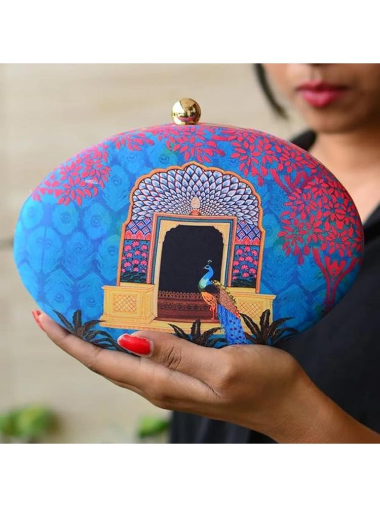 ARTKLIM Multi-Color Peacock Printed Oval Fabric Clutch with Detachable Strap-picture-25