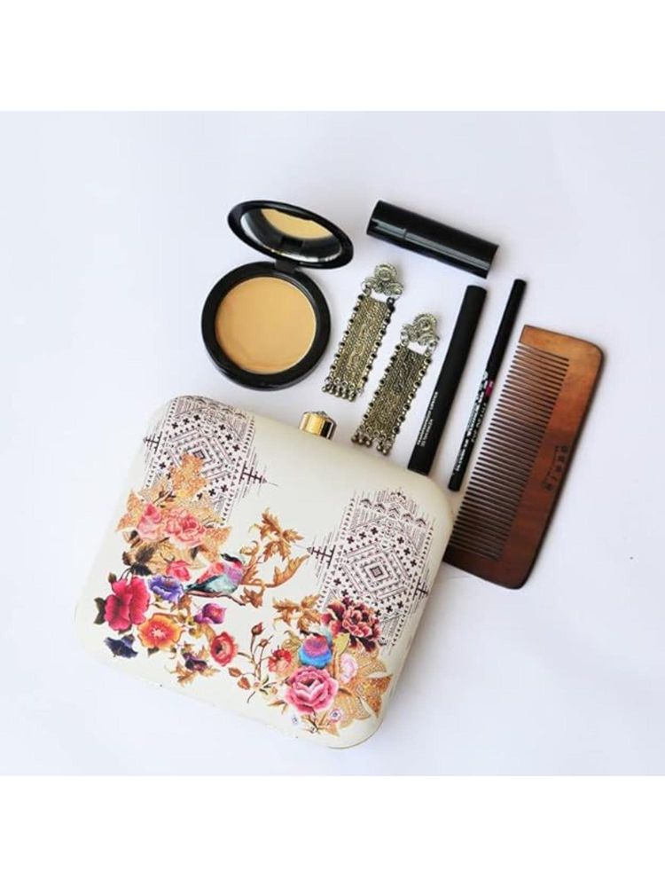 ARTKLIM Cream Birds and Floral Printed Box Clutch with Detachable Strap-picture-22