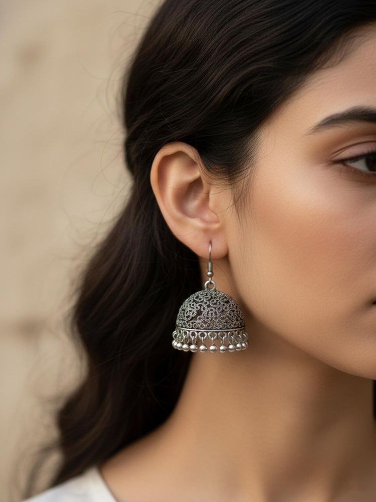 Gahan Women German Silver Oxidised Dome Shaped Jhumka Earrings-picture-44