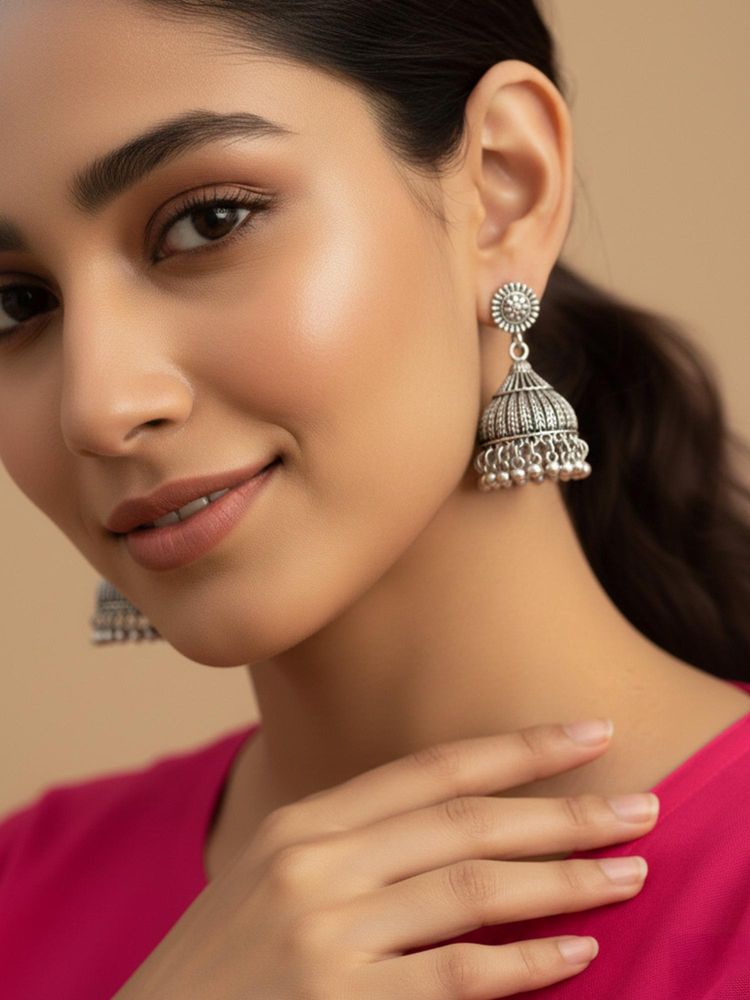 Gahan Womens Oxidized Silver Plated Jhumkis Earring Set-picture-10