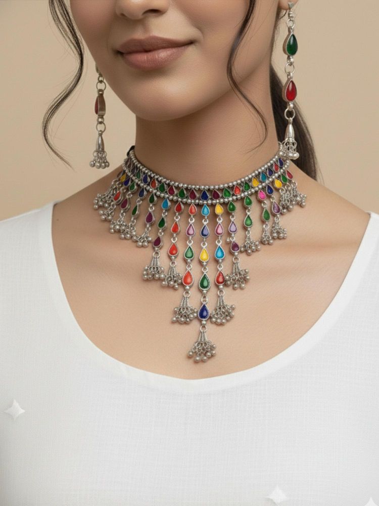 Gahan Womens Multicolor Oxidised Silver Plated Choker Necklace with Earring Set-picture-30