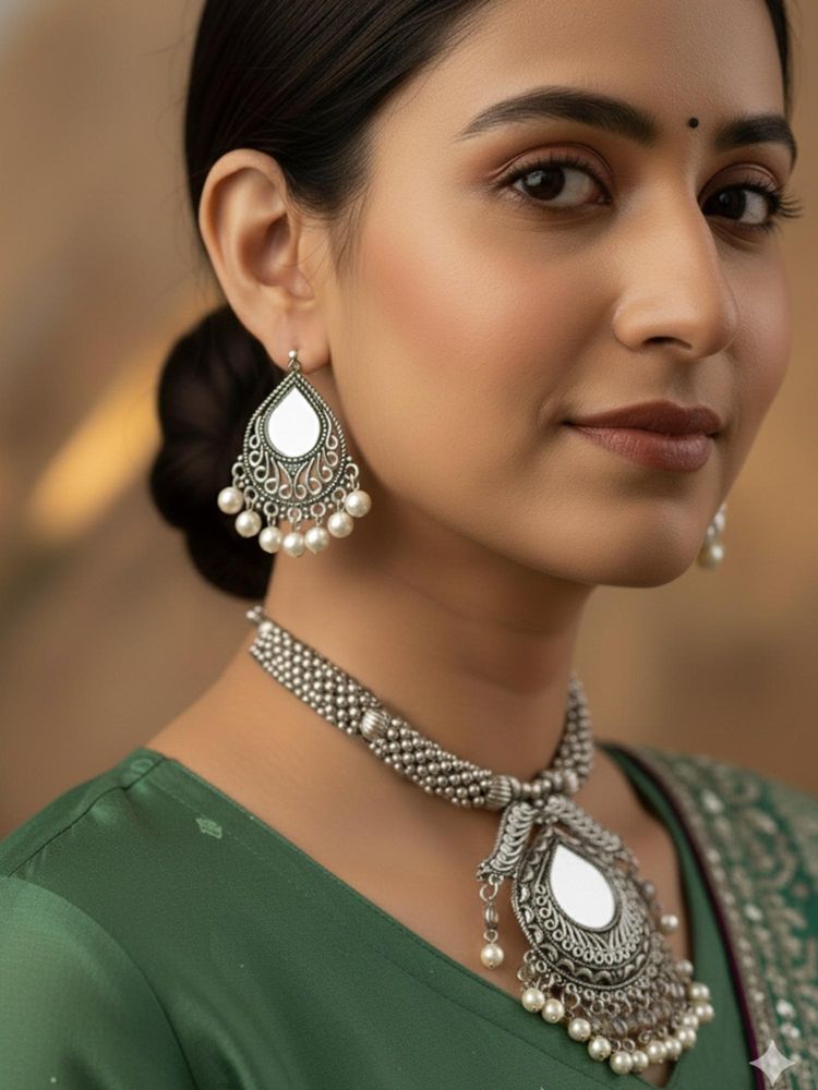 Gahan Women Oxidized Silver-Tone Mirror & Pearl Ethnic Necklace with Earring Set-picture-45