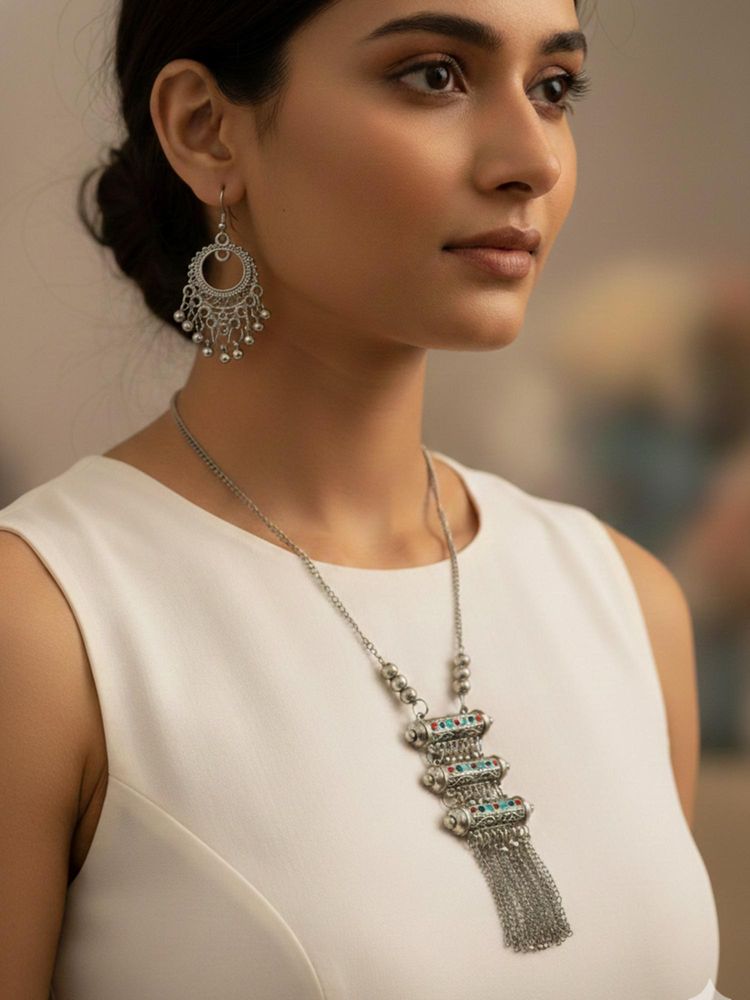 Gahan Women Oxidized Silver-Plated Tribal Jewellery Set with Chain Tassels & Colored Stones-picture-4