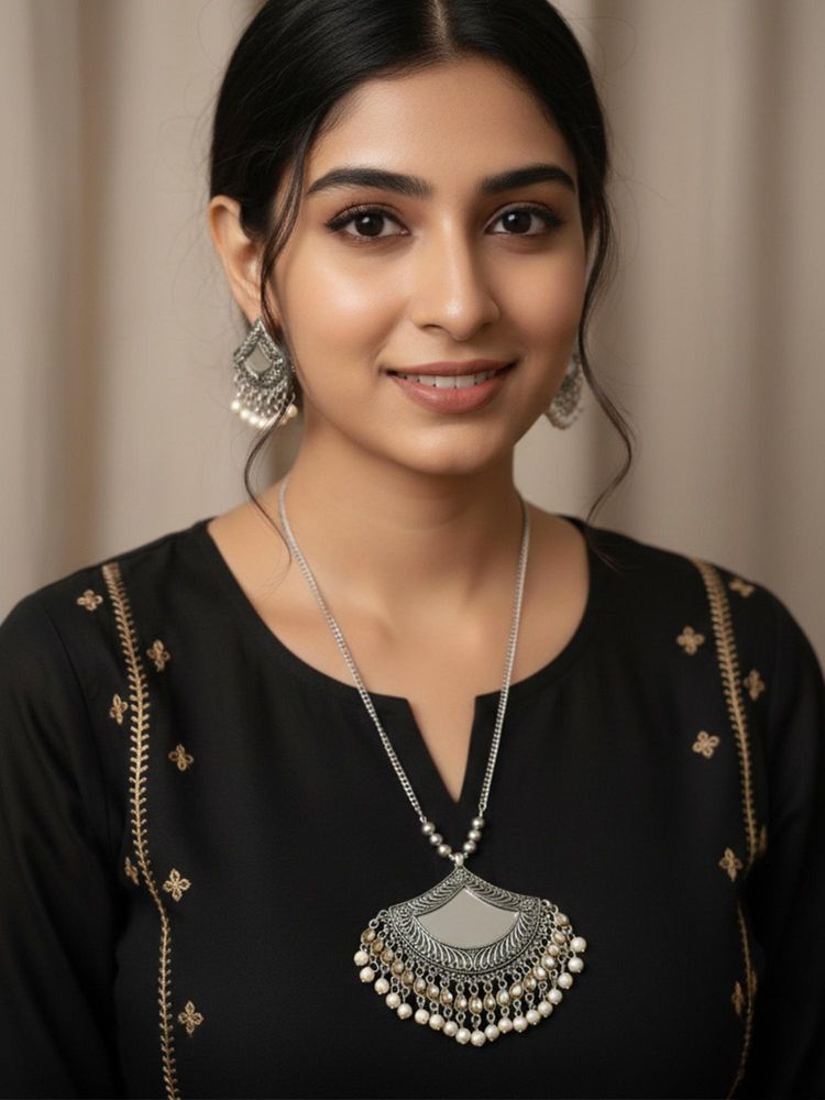 Gahan Women Oxidised Silver Finish Mirror Work Necklace with Earrings Set-picture-44