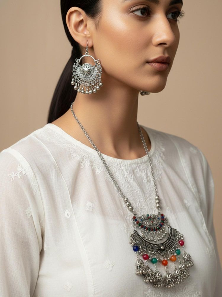 Gahan Women Oxidised Silver-Plated Long Chain Necklace with Earrings Set-picture-41