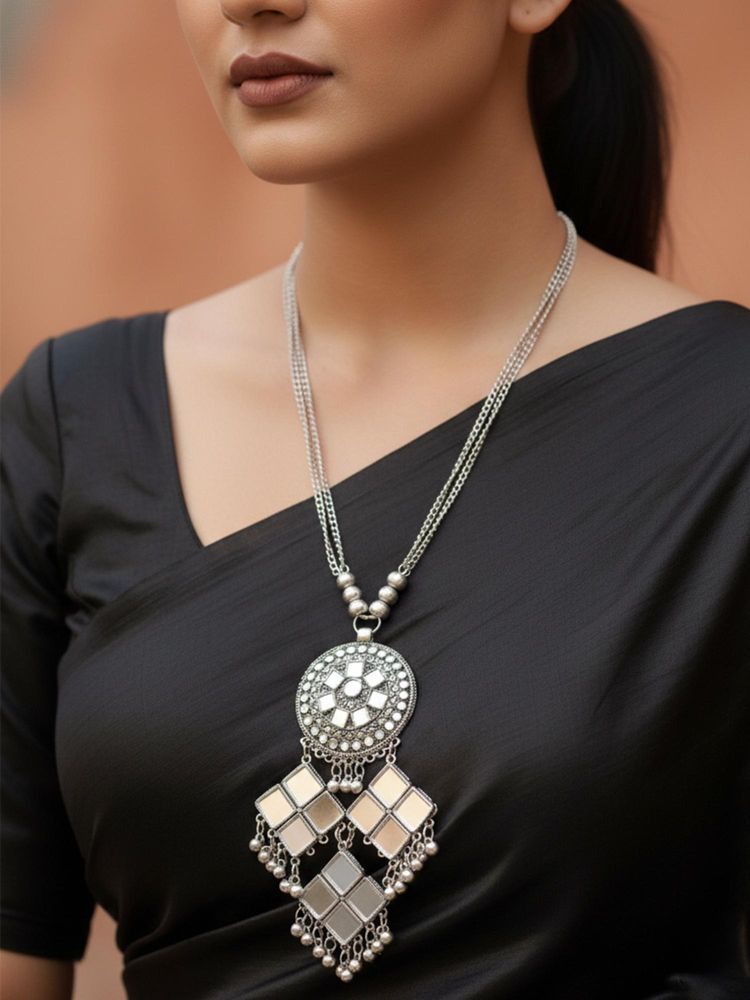 Gahan Women Oxidized Silver Plated Mirror Work Necklace-picture-26