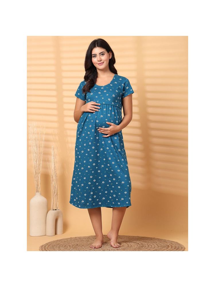 Secret Wish Blue Floral Hosiery Maternity Nighty Blue-image-25