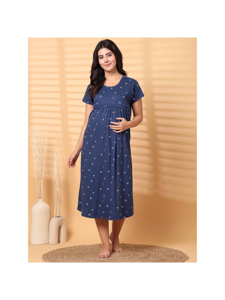 Secret Wish Navy Blue Floral Hosiery Maternity Nighty Navy Blue-picture-21