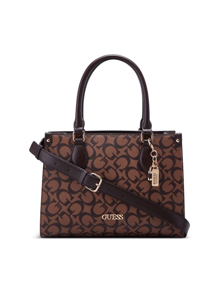 Guess Women Brown PVC Typography Satchel Bag and Detachable Strap-image-33