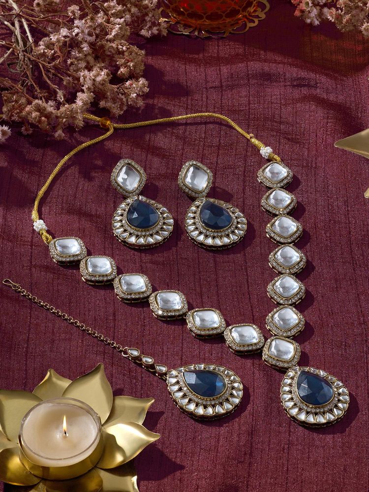 Zaveri Pearls Blue Stones Diamonds Antique Necklace Earring Maangtikka Set-Zpfk21935-picture-14
