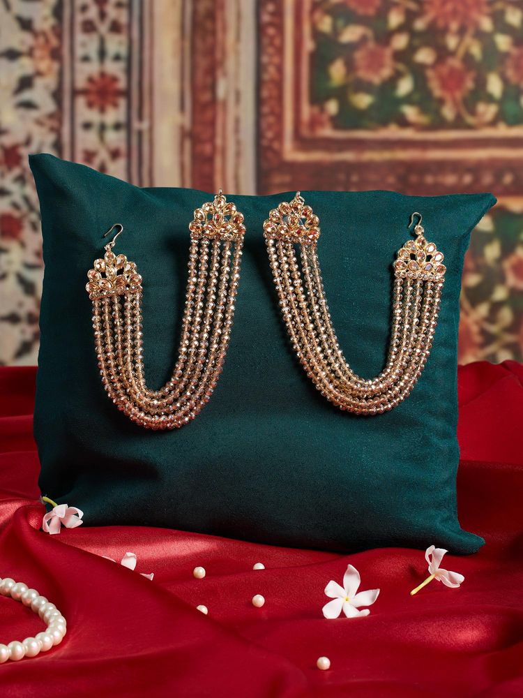 Zaveri Pearls Champagne Color Beaded Multistrand Statement Mittal Ear Chain-Zpfk21955-image-9