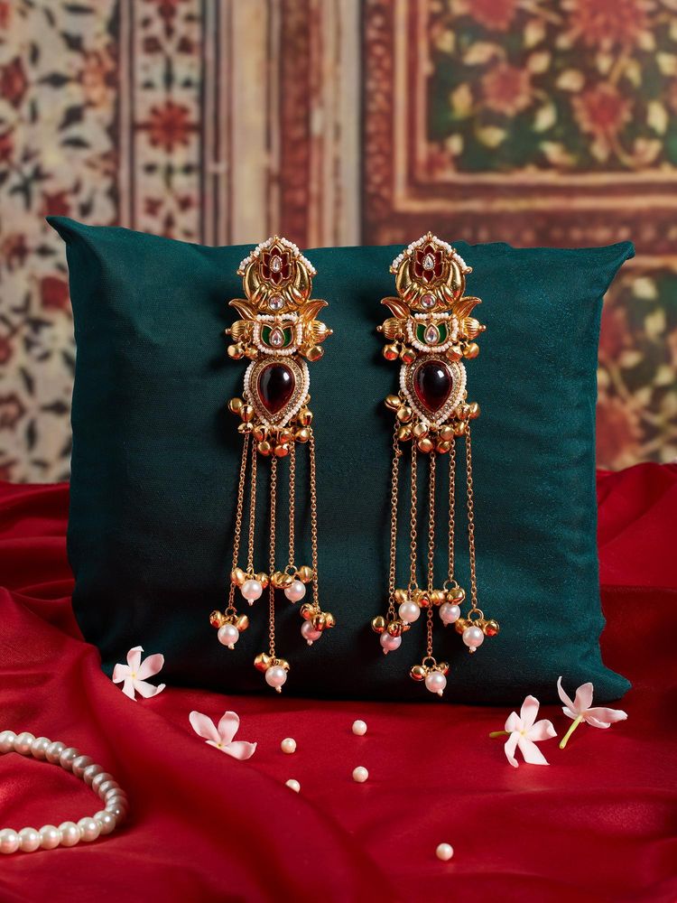 Zaveri Pearls Red Green Stones Kashmiri Ghungroo Statement Dangler Earring-Zpfk21984-image-33