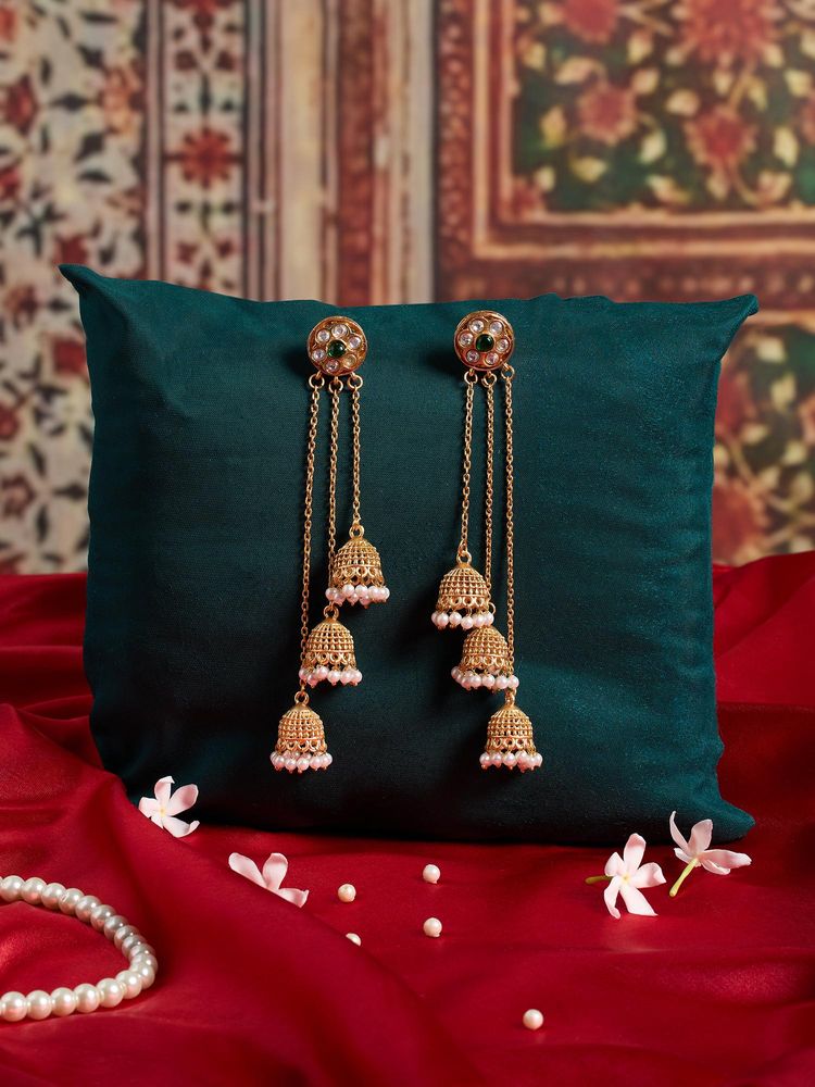 Zaveri Pearls Gold Tone Stones Beads Drop Statement Jhumki Dangler Earring-Zpfk21986-image-1