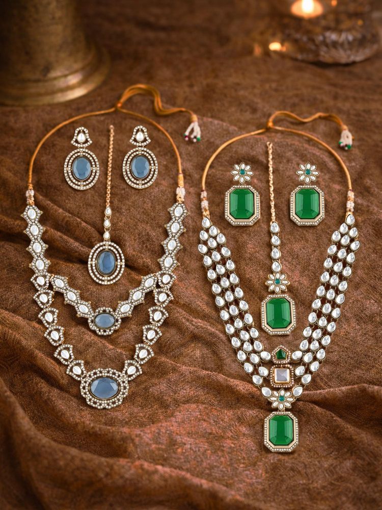Zaveri Pearls Pack Of 2 Blue Green Stones Necklace Earring Maangtikka Set-Zpfk22071-image-7